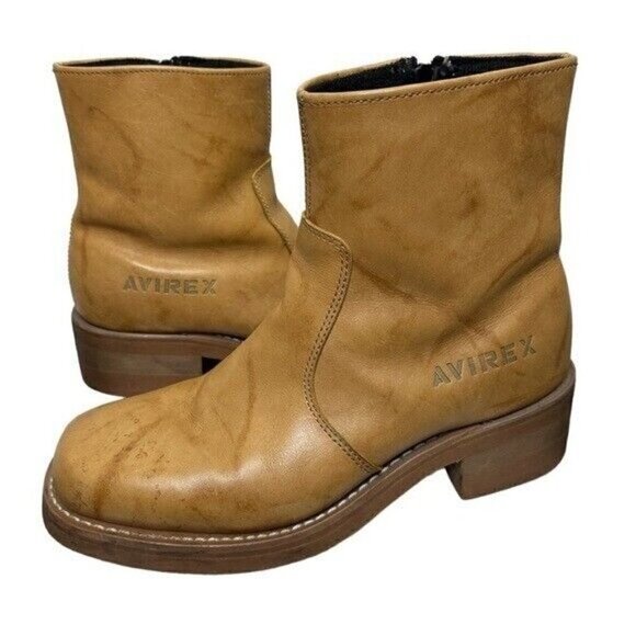 Vintage Avirex 70s Tan Square Toes Leather Chunky Ankle Boots Size 8.5 - Picture 2 of 10